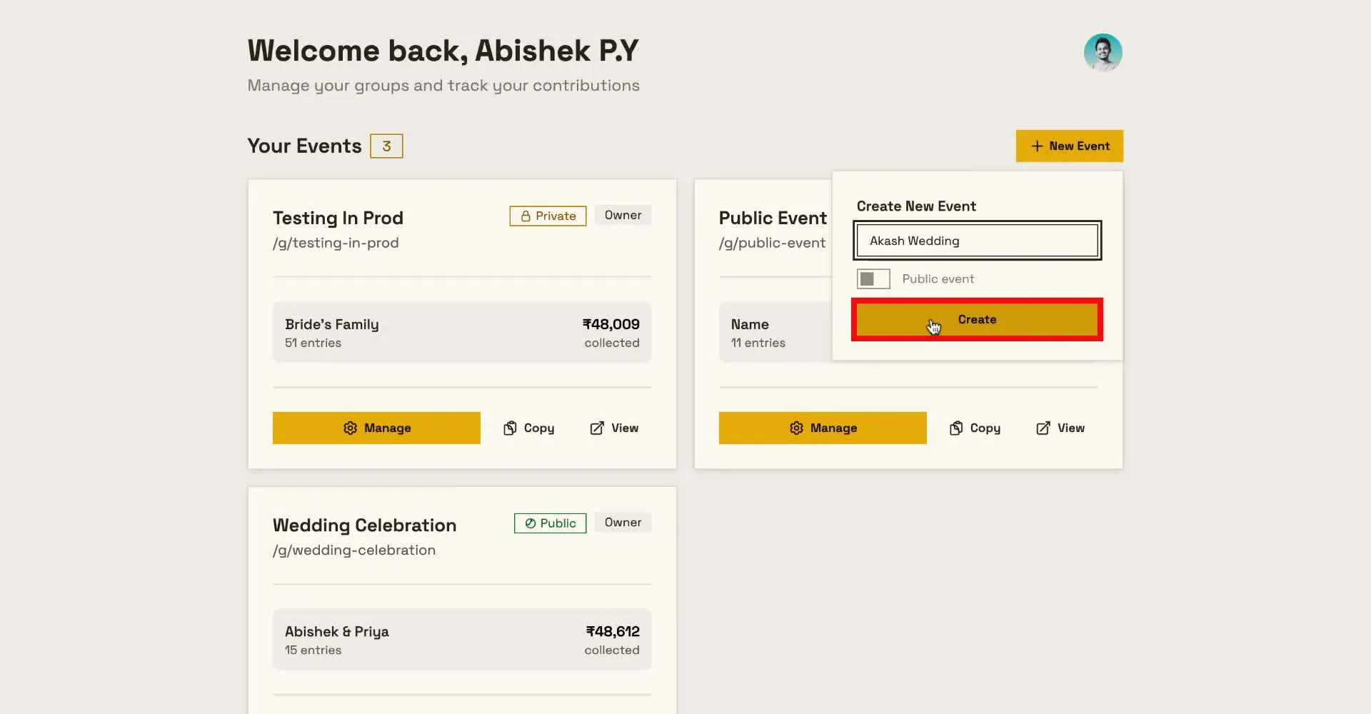 Create a new event in the modal, e.g. Akash Wedding
