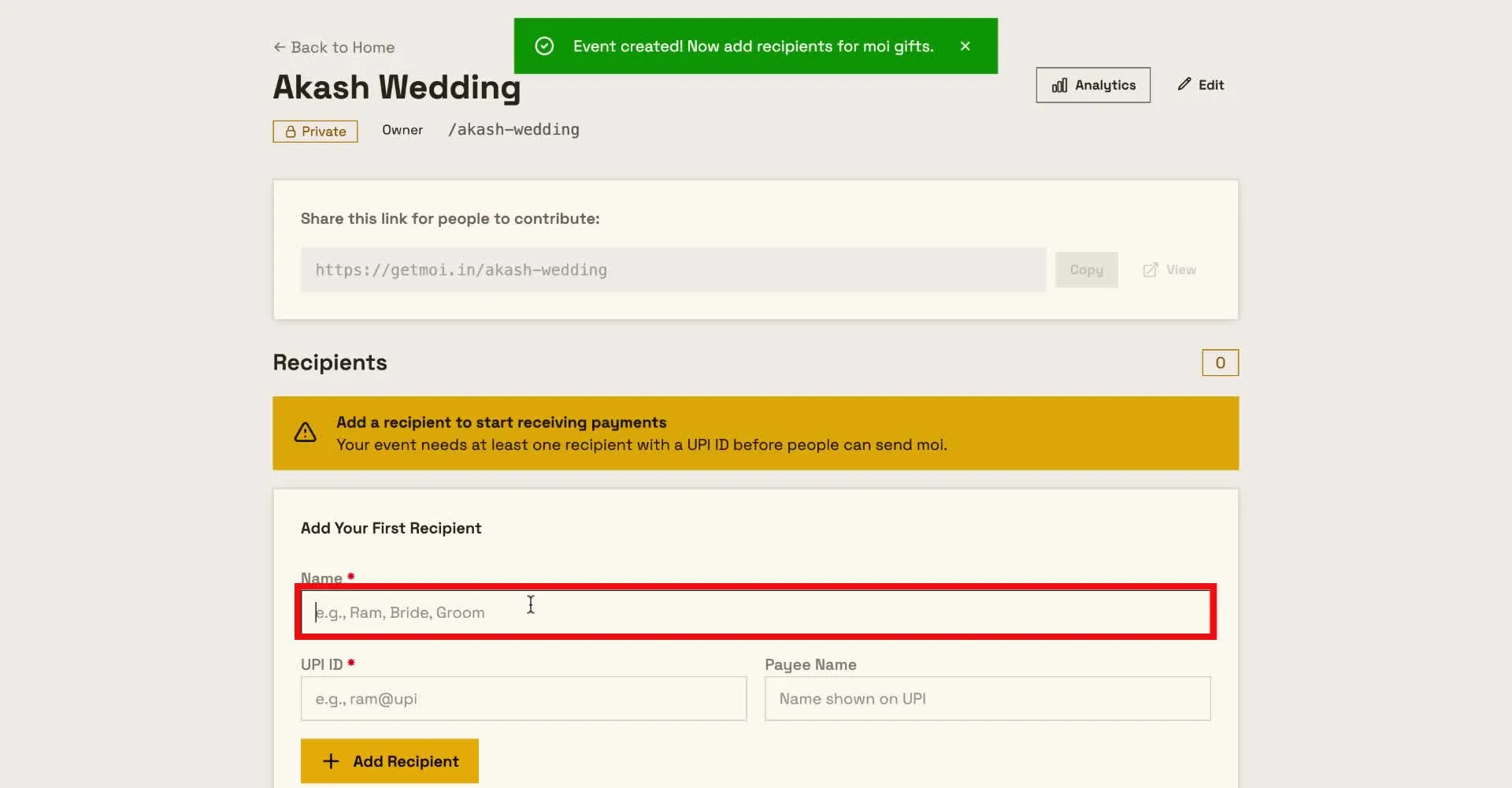 Enter the recipient name in the Name field