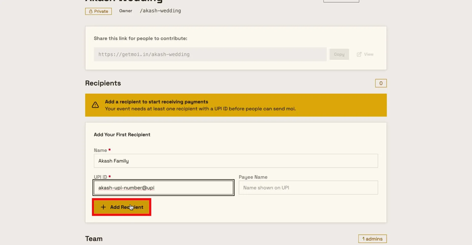 Click Add Recipient to save the first recipient