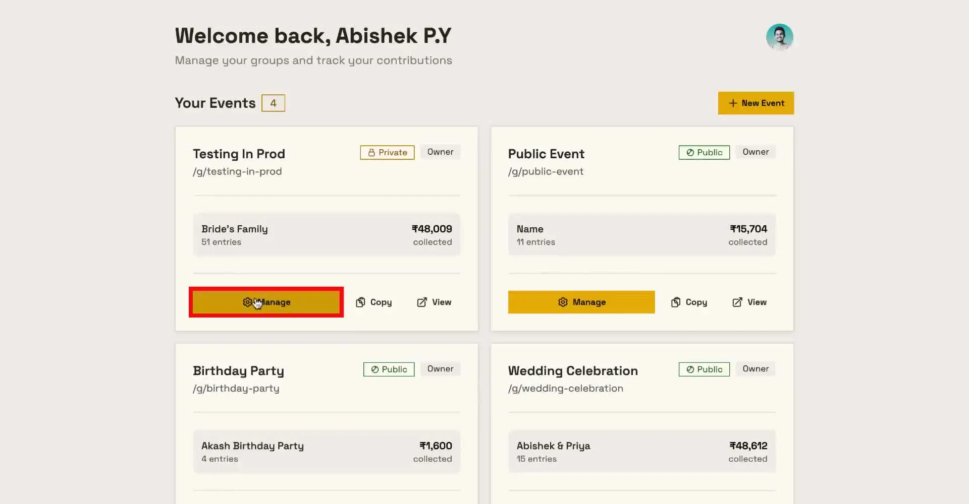 Click Manage on the event card