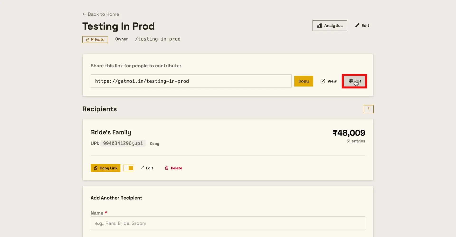 Click the QR icon next to the link on the event details page