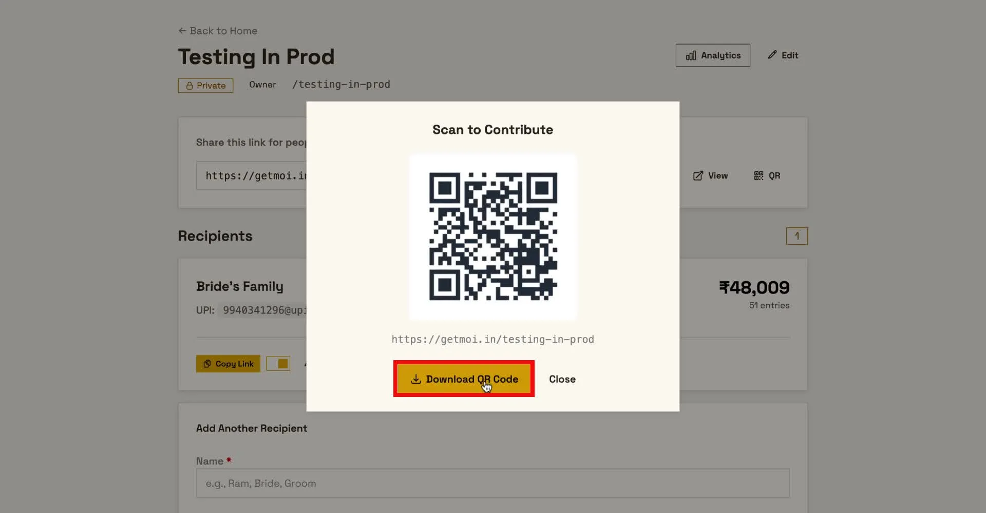 Download the QR code from the modal