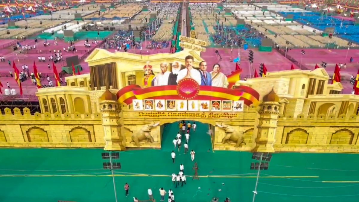 Aerial view of the massive Vikravandi crowd — TVK’s debut conference scale