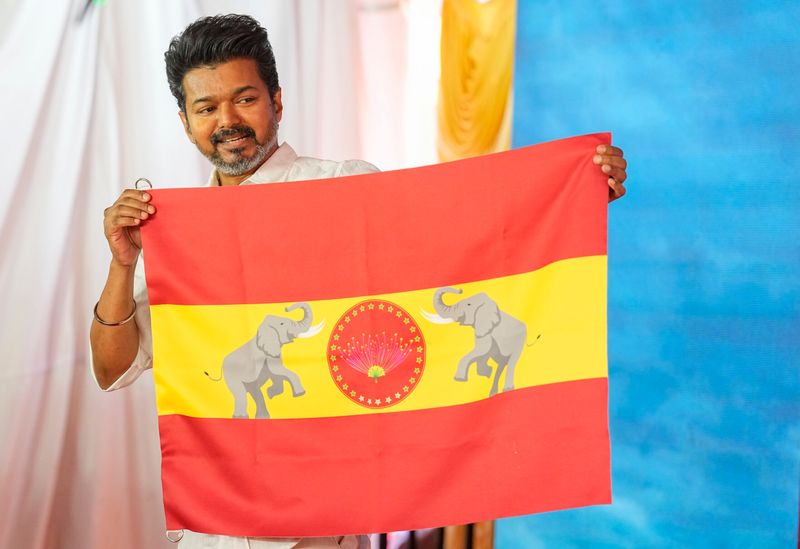 Vijay hoisting the TVK flag — distribution and on-ground visibility